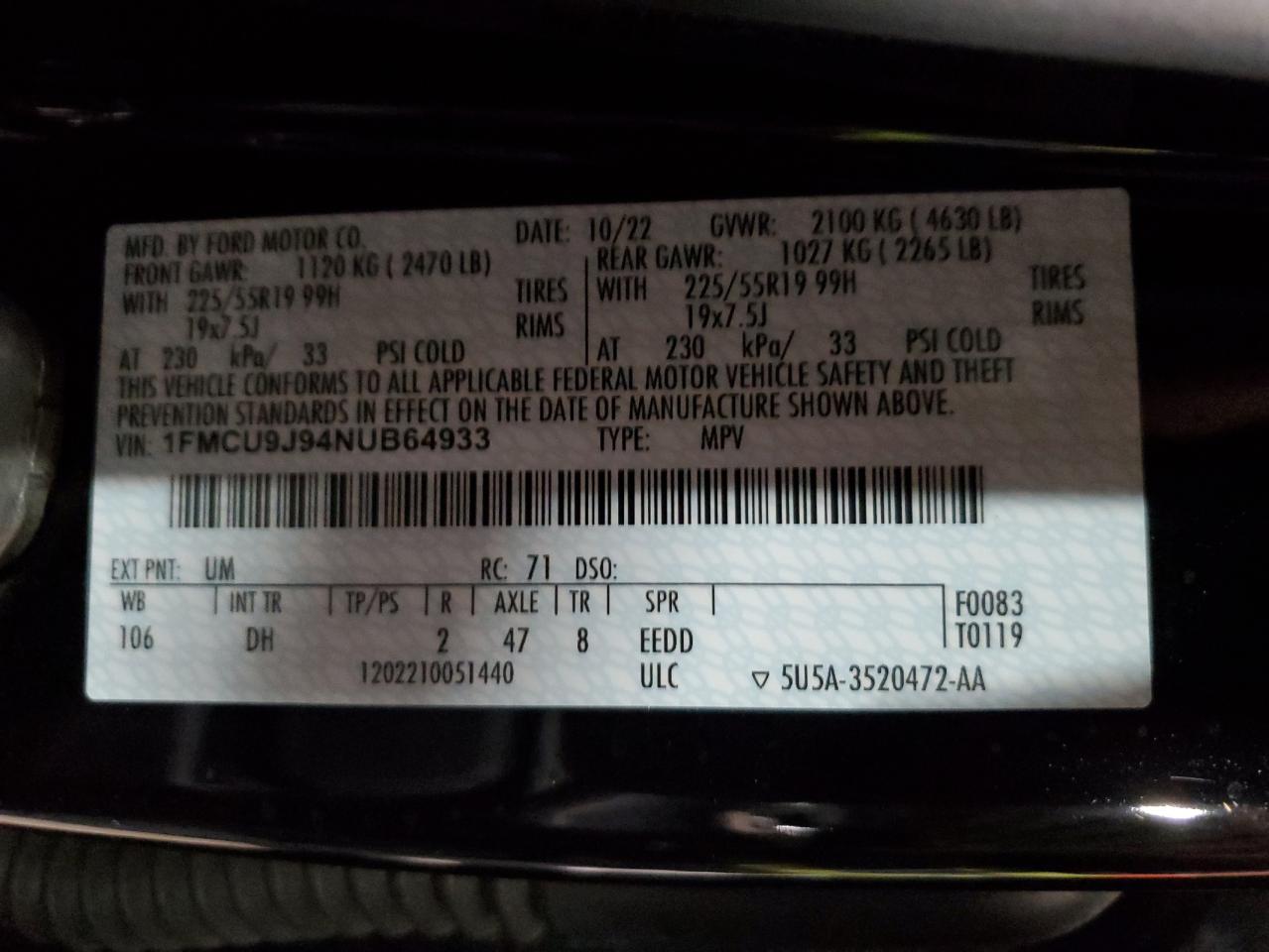 2022 Ford Escape VIN 1FMCU9J94NUB64933 Copart auction photo, front end / side damage thumbnail 13