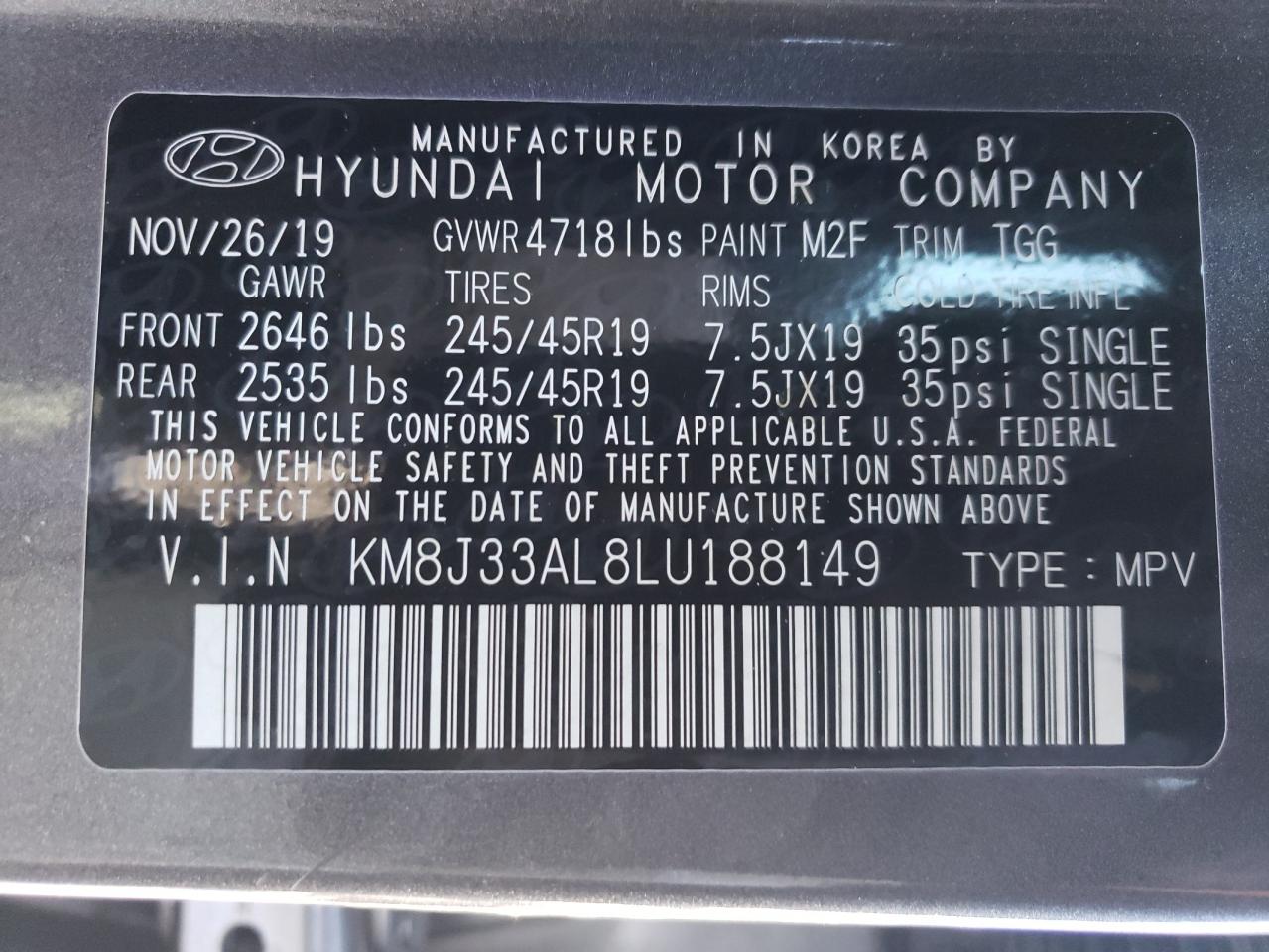 2020 Hyundai Tucson VIN KM8J33AL8LU188149 Copart auction photo, front end / minor dent/scratches damage thumbnail 14