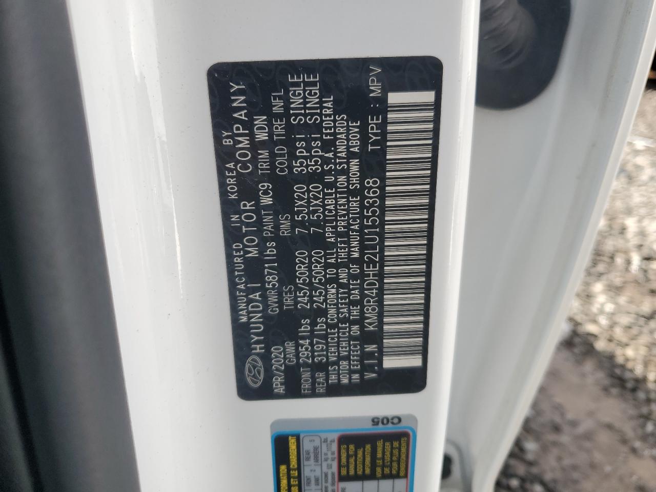 2020 Hyundai Palisade VIN KM8R4DHE2LU155368 Copart auction photo, front end damage thumbnail 13