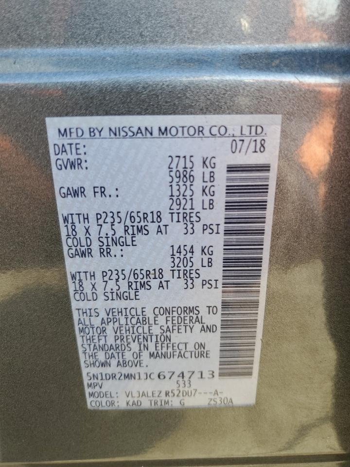 2018 Nissan Pathfinder VIN 5N1DR2MN1JC674713 Copart auction photo, front end / side damage thumbnail 13