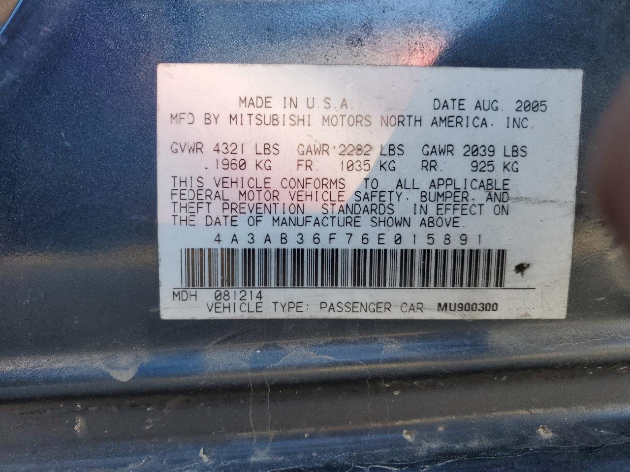 2006 Mitsubishi Galant VIN 4A3AB36F76E015891 Copart auction photo, minor dent/scratches damage thumbnail 12