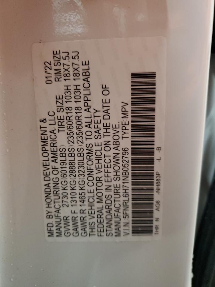 2022 Honda Odyssey VIN 5FNRL6H71NB052796 Copart auction photo, rear end damage thumbnail 13