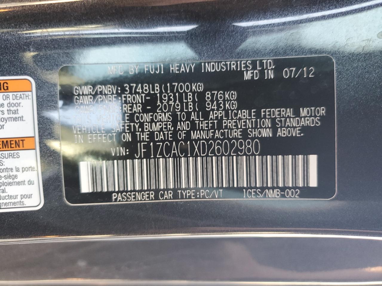 2013 Subaru BRZ VIN JF1ZCAC1XD2602980 Copart auction photo, front end damage thumbnail 12