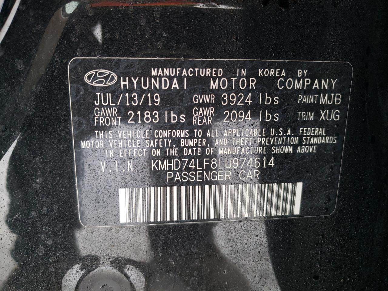2020 Hyundai Elantra VIN KMHD74LF8LU974614 Copart auction photo, vandalism / side damage thumbnail 12