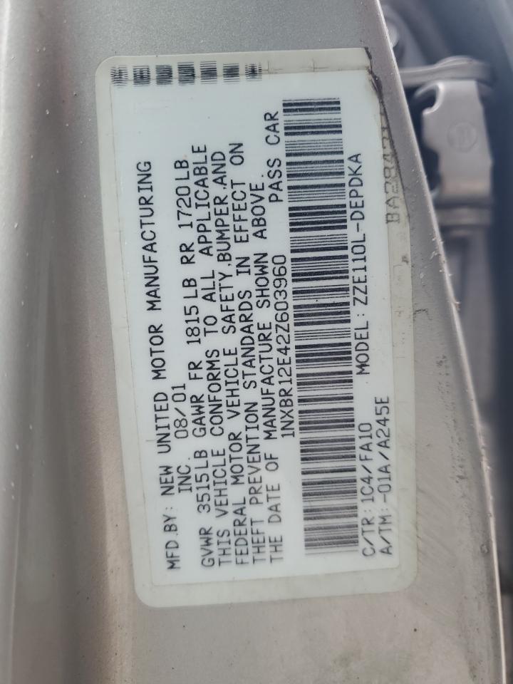 2002 Toyota Corolla VIN 1NXBR12E42Z603960 Copart auction photo, side damage thumbnail 12