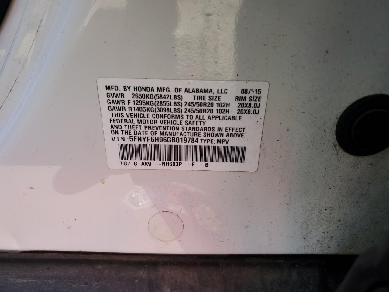 2016 Honda Pilot VIN 5FNYF6H96GB019784 Copart auction photo, rear end damage thumbnail 14