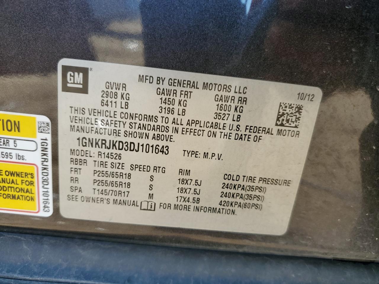2013 Chevrolet Traverse VIN 1GNKRJKD3DJ101643 Copart auction photo, front end / side damage thumbnail 13