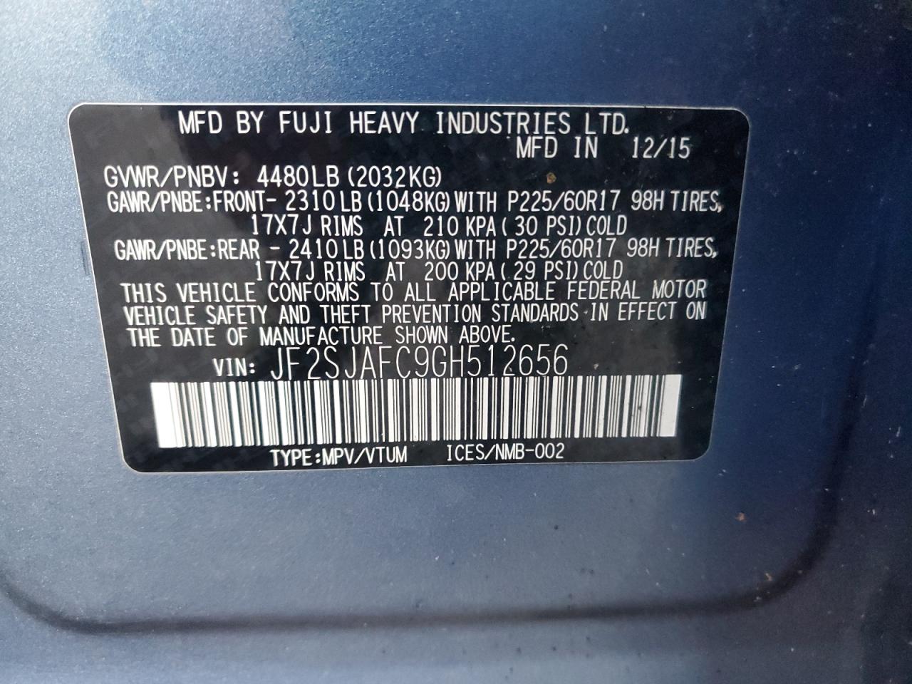 2016 Subaru Forester VIN JF2SJAFC9GH512656 Copart auction photo, all over damage thumbnail 15
