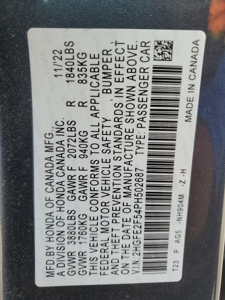 2023 Honda Civic VIN 2HGFE2F54PH502687 Copart auction photo, rear end / side damage thumbnail 13