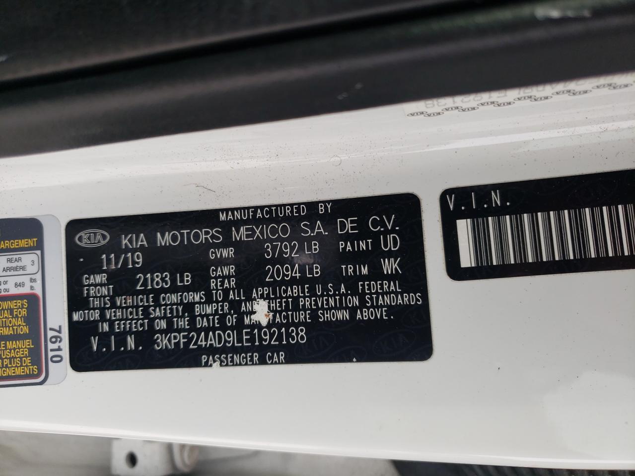2020 KIA Forte VIN 3KPF24AD9LE192138 Copart auction photo, front end / rear end damage thumbnail 12