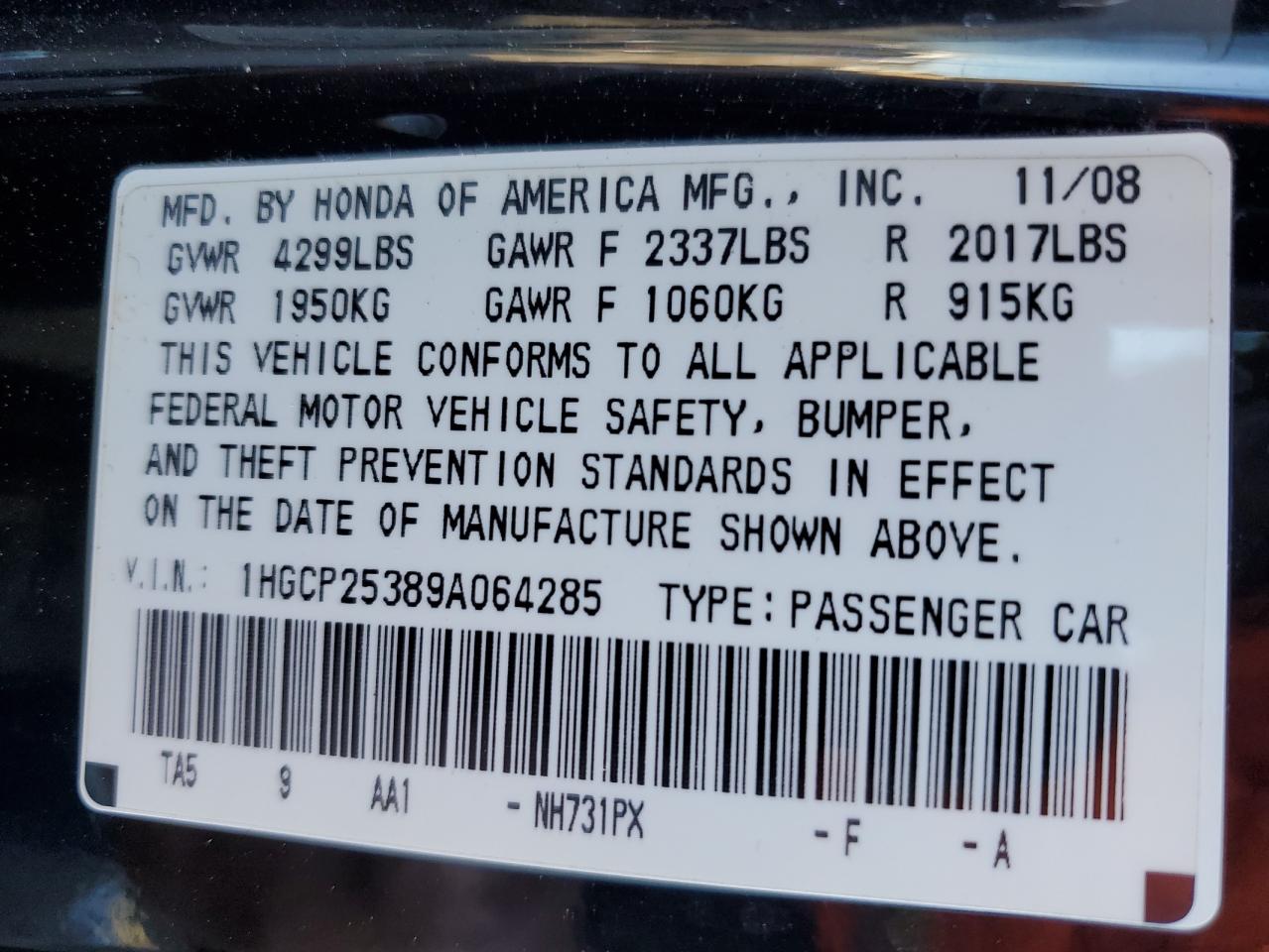 2009 Honda Accord VIN 1HGCP25389A064285 Copart auction photo, front end / minor dent/scratches damage thumbnail 12