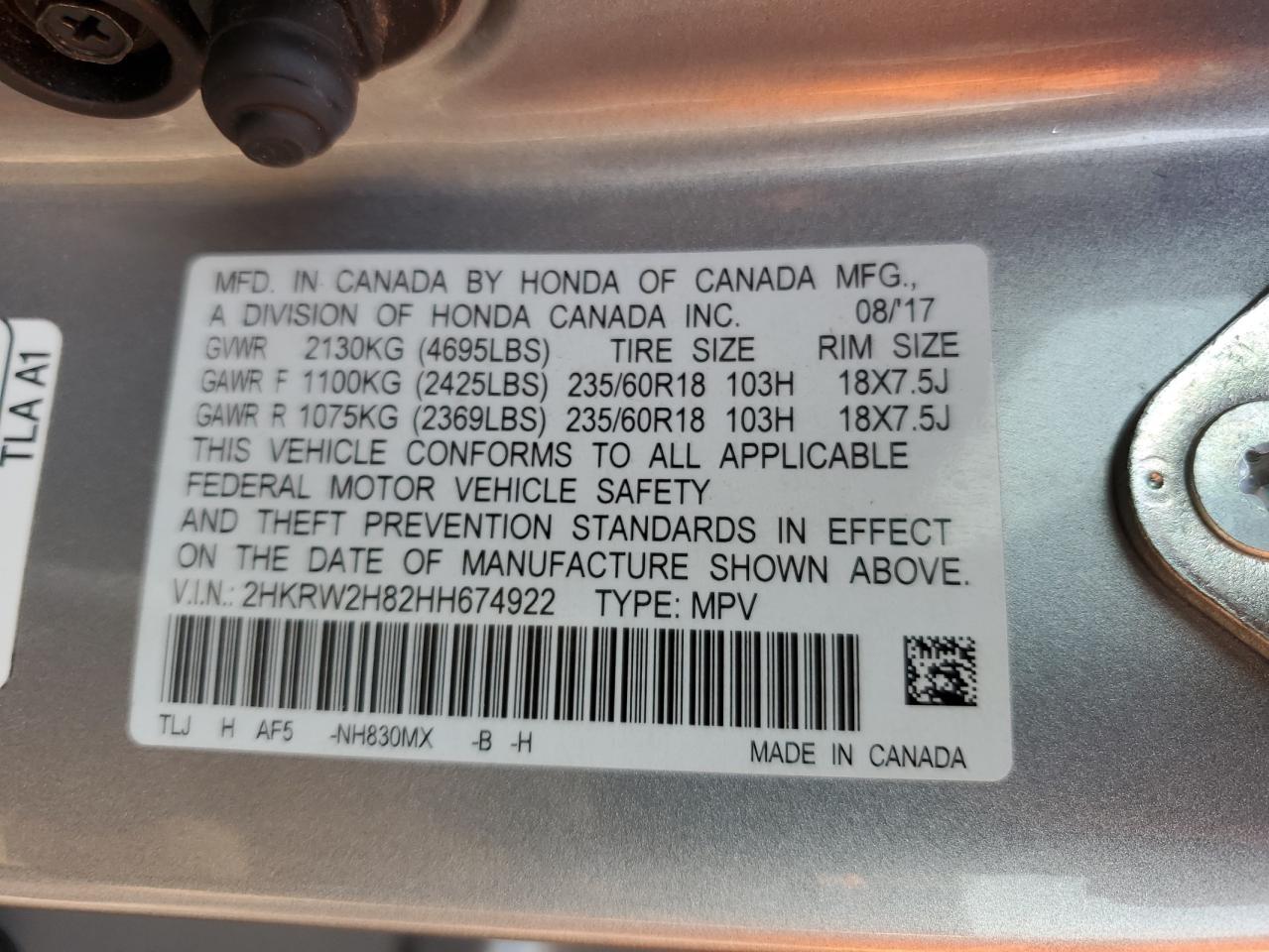 2017 Honda CR-V VIN 2HKRW2H82HH674922 Copart auction photo, front end / side damage thumbnail 15