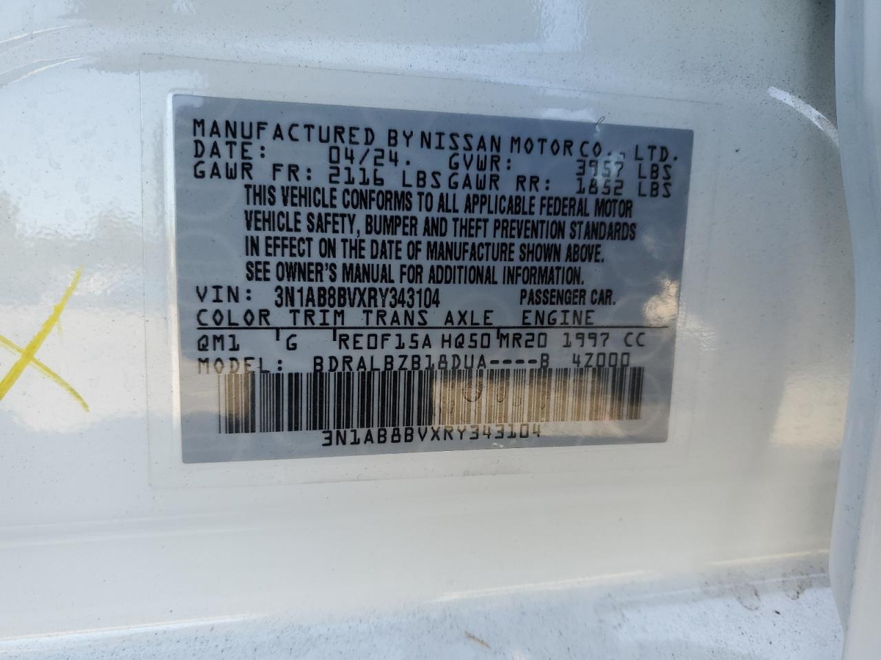 2024 Nissan Sentra VIN 3N1AB8BVXRY343104 Copart auction photo, side damage thumbnail 14