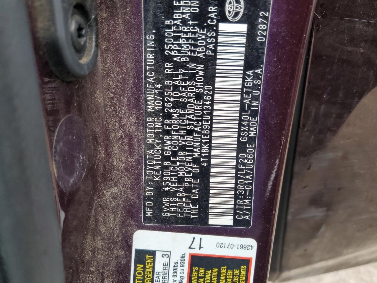 2014 Toyota Avalon VIN 4T1BK1EB9EU134620 Copart auction photo, all over damage thumbnail 14