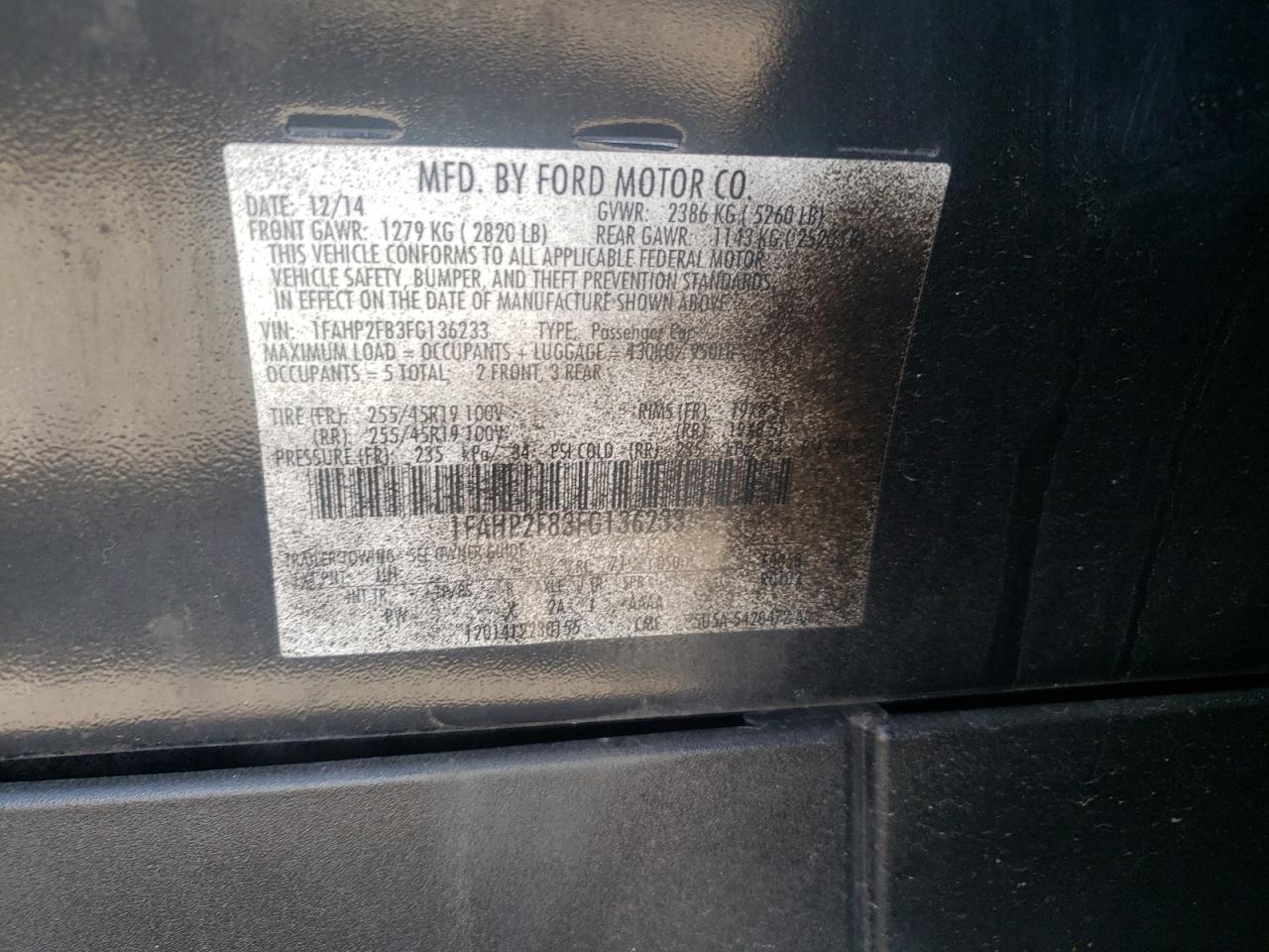 2015 Ford Taurus VIN 1FAHP2F83FG136233 Copart auction photo, rear end damage thumbnail 12