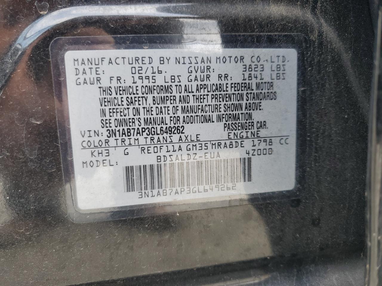 2016 Nissan Sentra VIN 3N1AB7AP3GL649262 Copart auction photo, rollover damage thumbnail 13