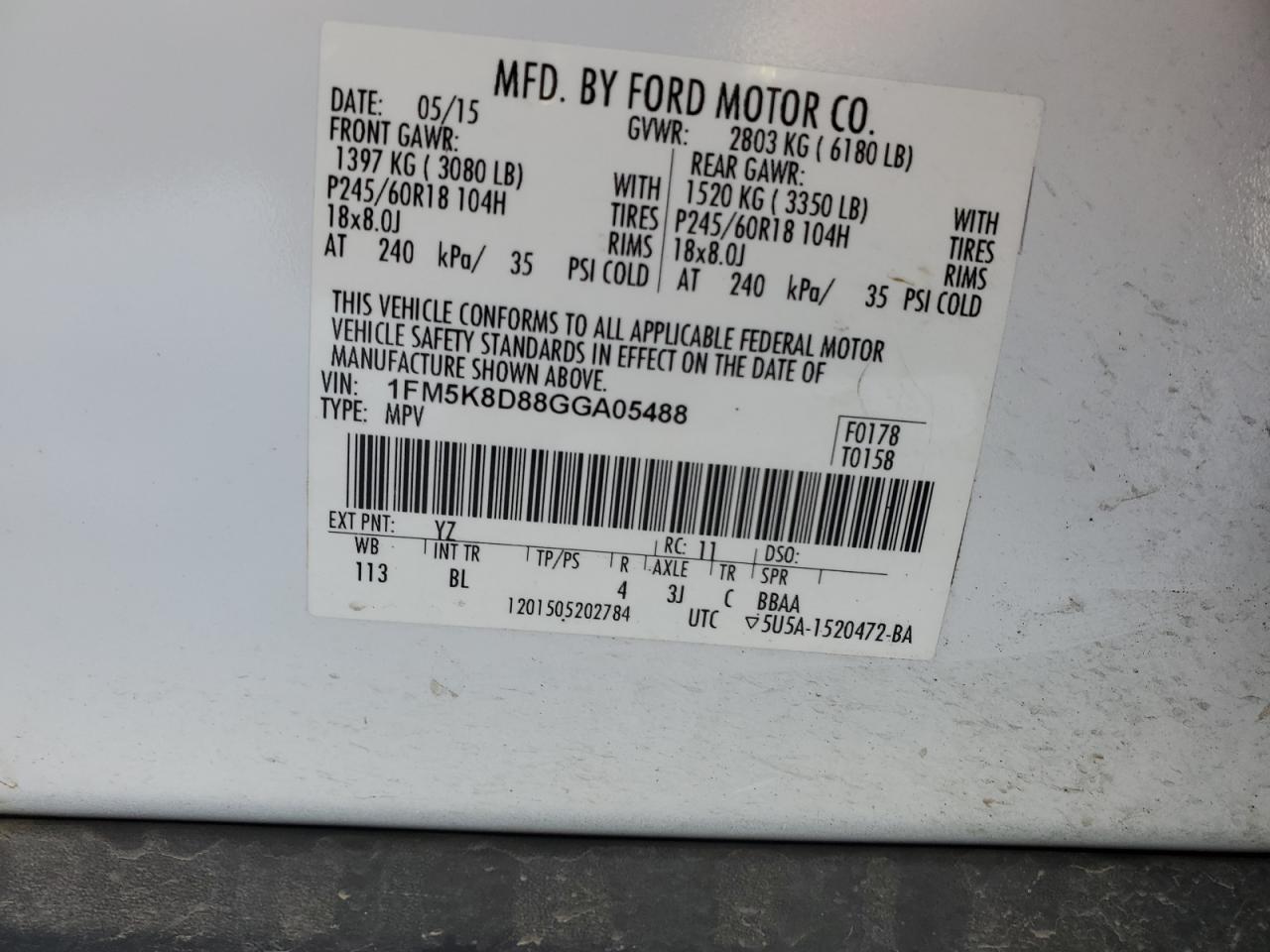 2016 Ford Explorer VIN 1FM5K8D88GGA05488 Copart auction photo, rear end damage thumbnail 13