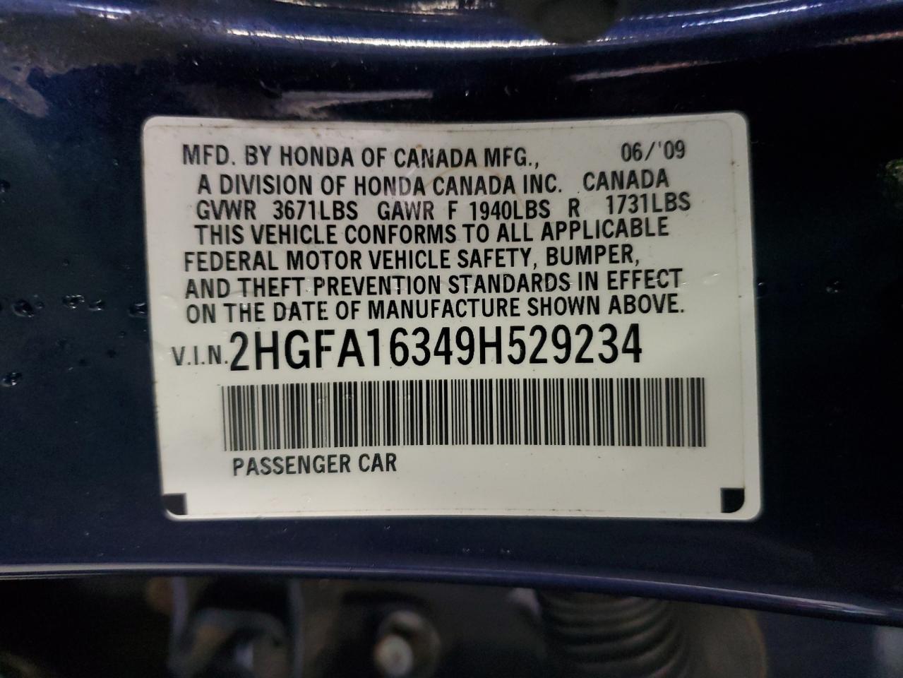 2009 Honda Civic VIN 2HGFA16349H529234 Copart auction photo, rear end / front end damage thumbnail 14