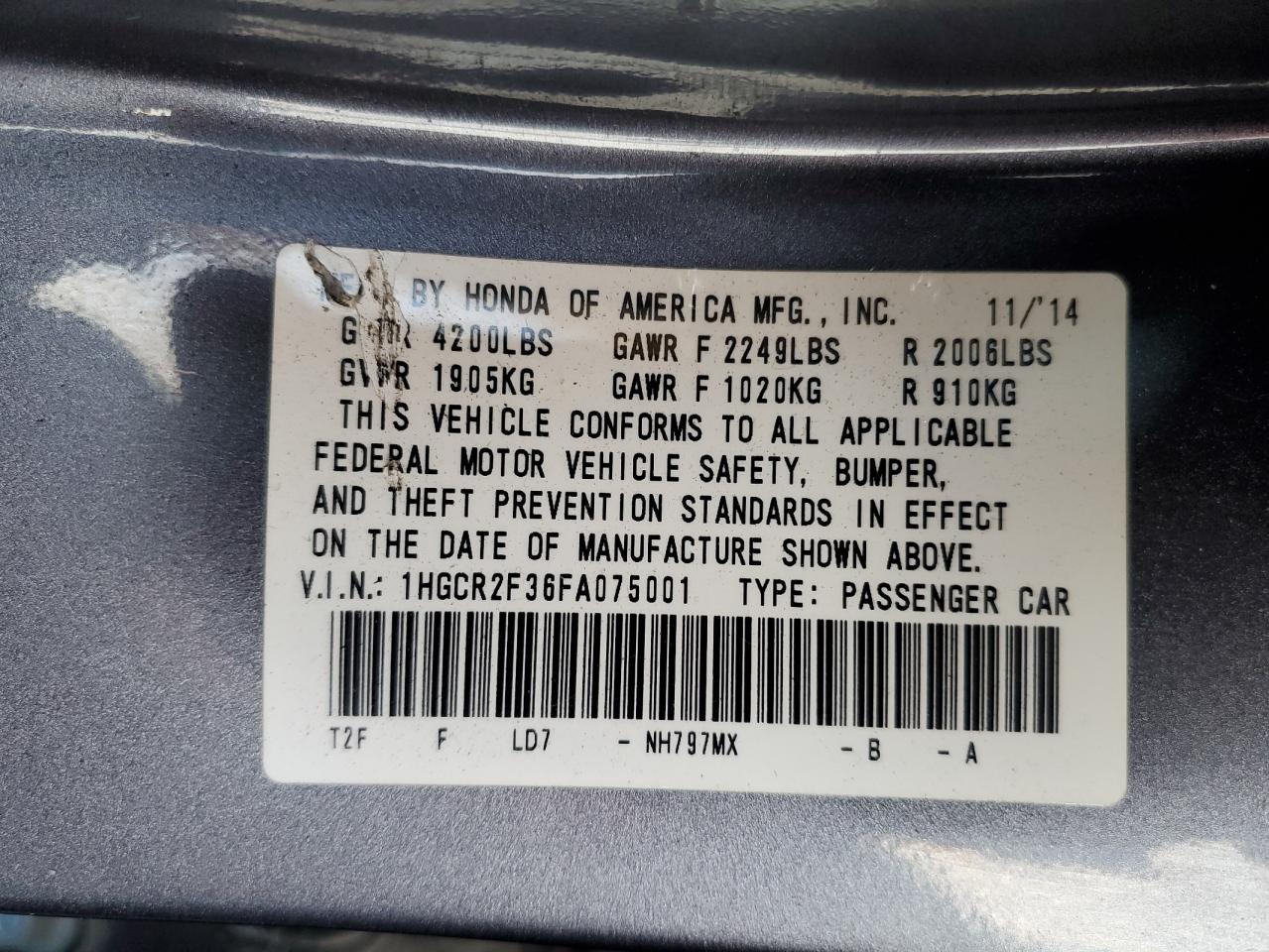 2015 Honda Accord VIN 1HGCR2F36FA075001 Copart auction photo, front end / rear end damage thumbnail 14