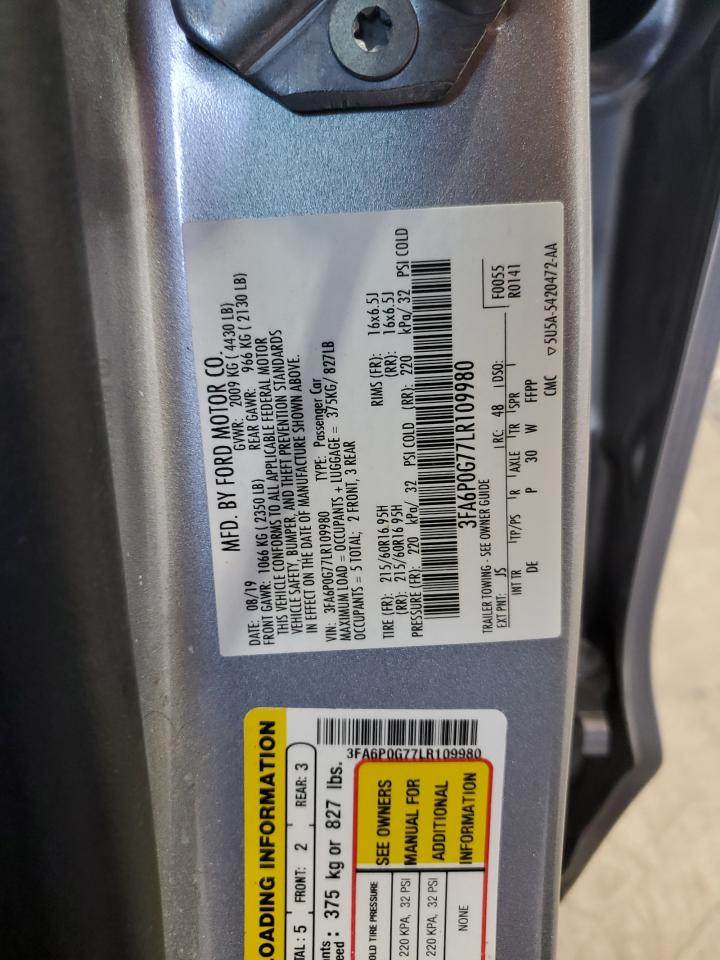2020 Ford Fusion VIN 3FA6P0G77LR109980 Copart auction photo, front end / side damage thumbnail 13