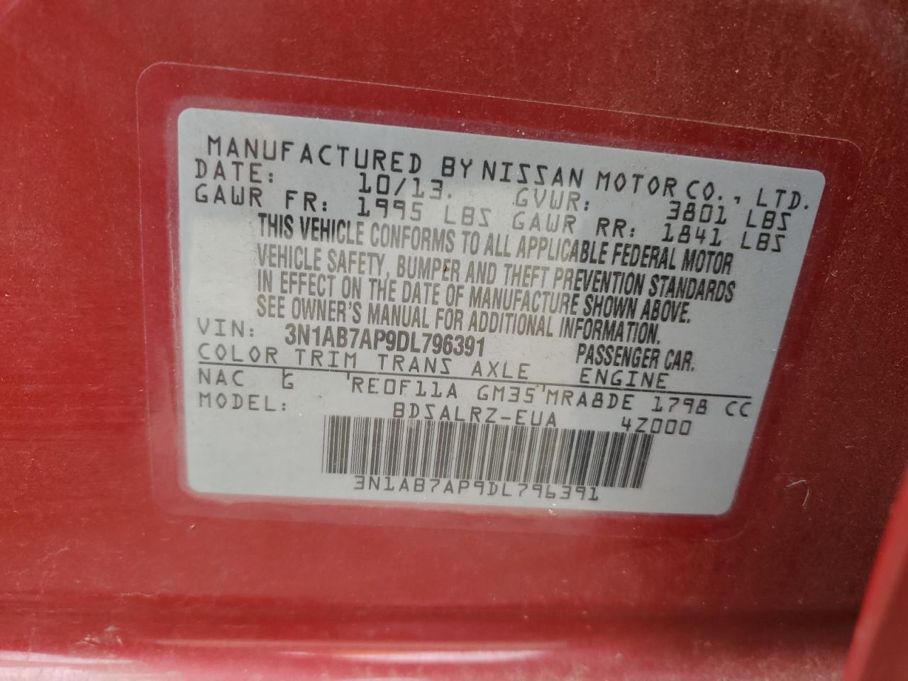2013 Nissan Sentra VIN 3N1AB7AP9DL796391 Copart auction photo, front end / side damage thumbnail 12