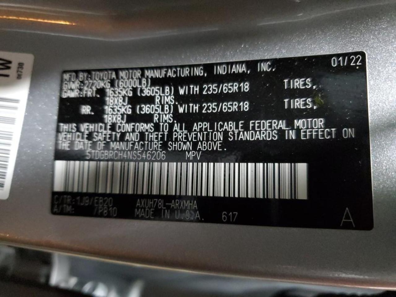 2022 Toyota Highlander VIN 5TDGBRCH4NS546206 Copart auction photo, frame damage / all over damage thumbnail 16