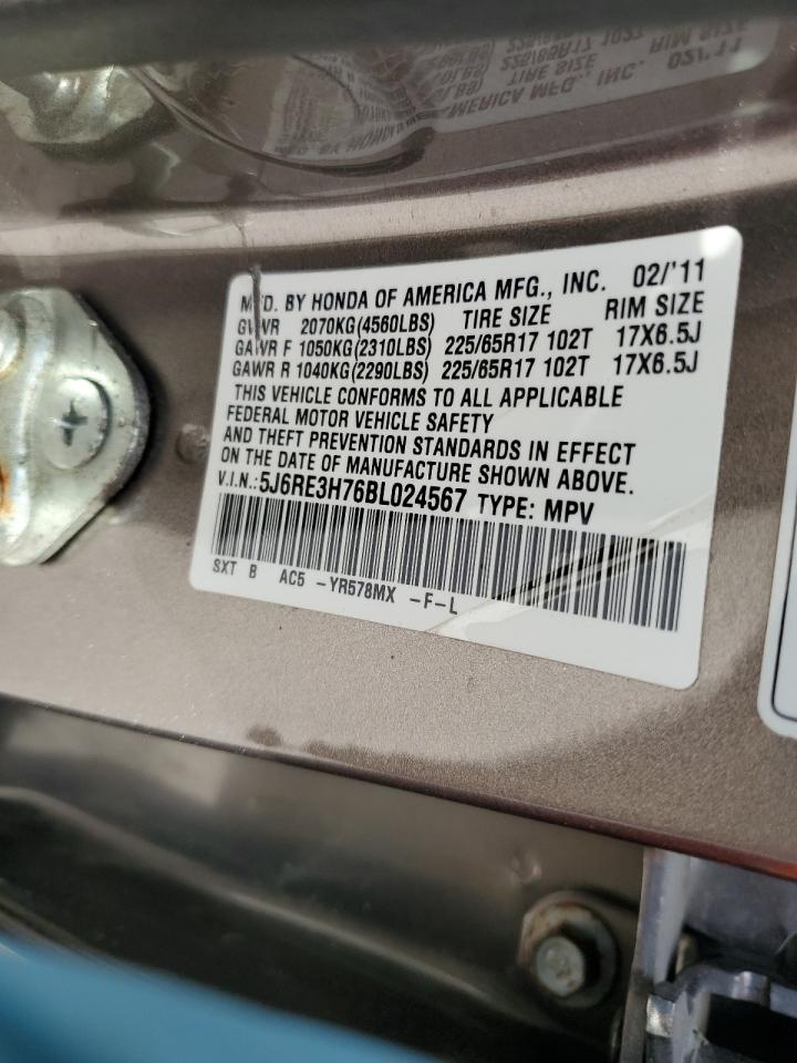 2011 Honda CR-V VIN 5J6RE3H76BL024567 Copart auction photo, front end damage thumbnail 14