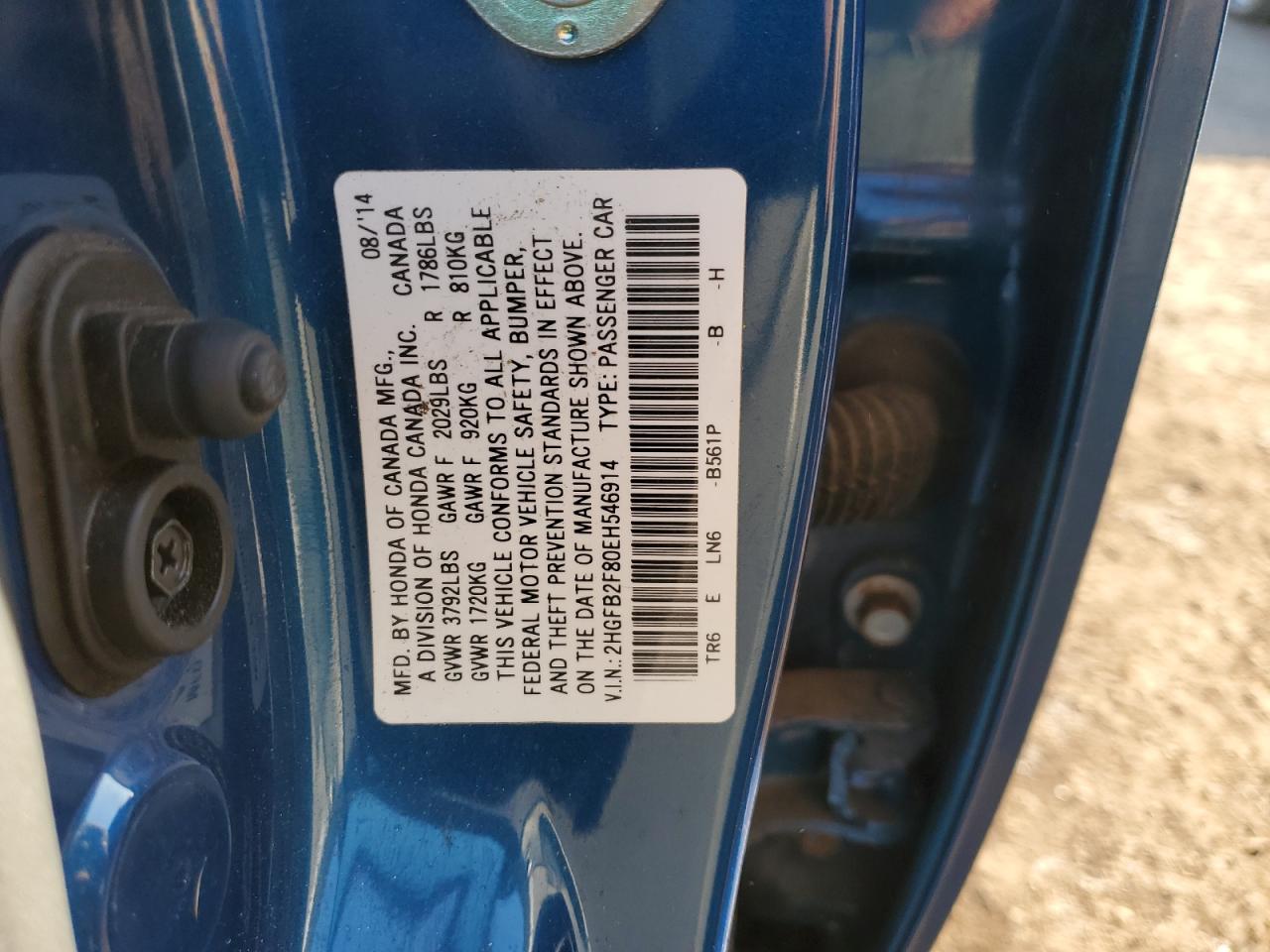 2014 Honda Civic VIN 2HGFB2F80EH546914 Copart auction photo, side damage thumbnail 12