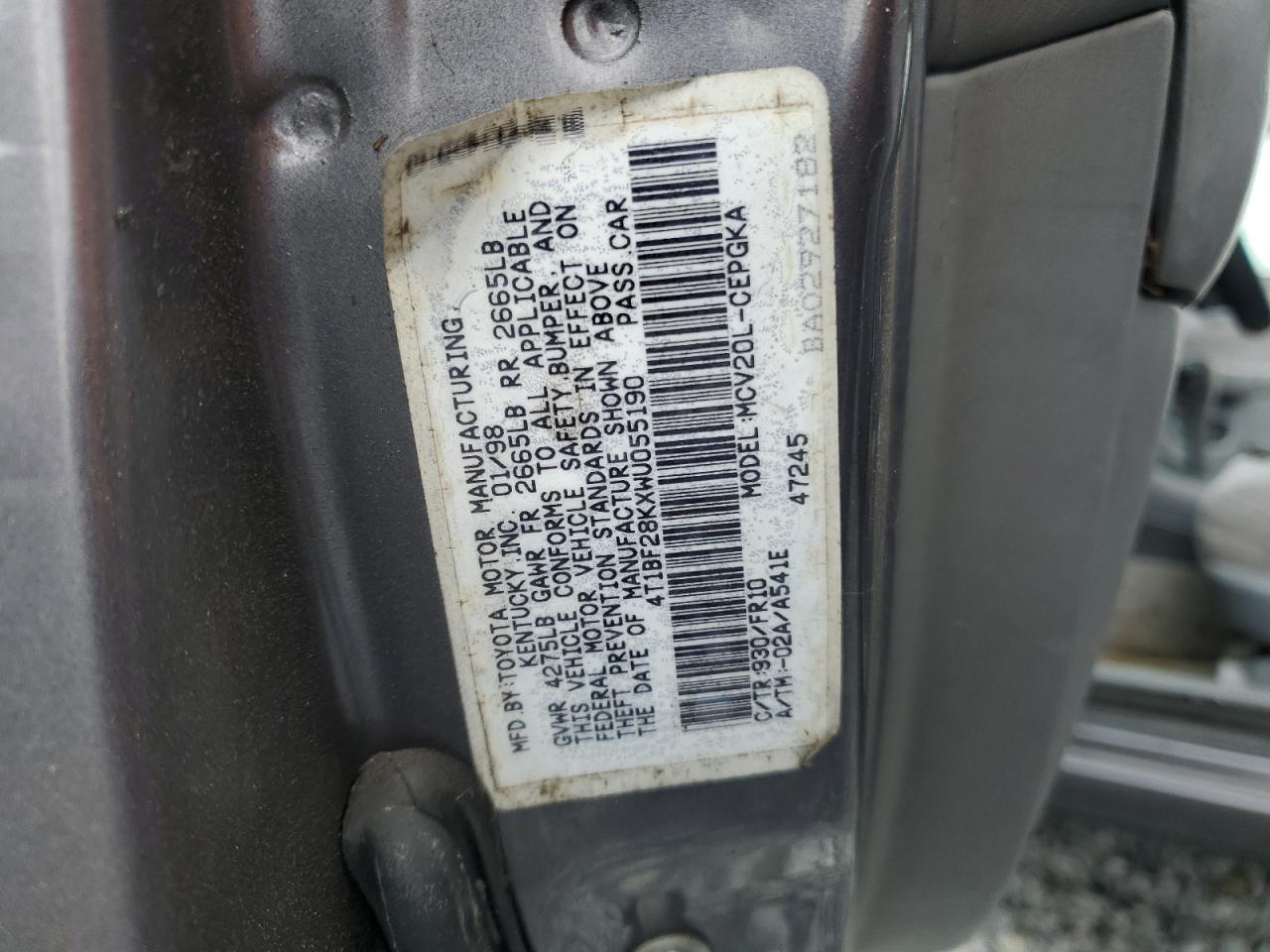 1998 Toyota Camry VIN 4T1BF28KXWU055190 Copart auction photo, rear end damage thumbnail 14