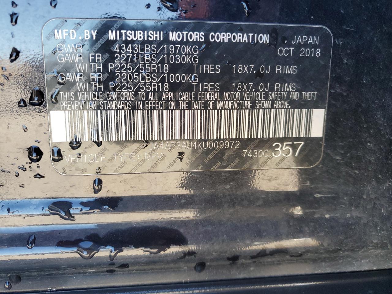 2019 Mitsubishi Outlander VIN JA4AP3AU4KU009972 Copart auction photo, rear end / normal wear damage thumbnail 13