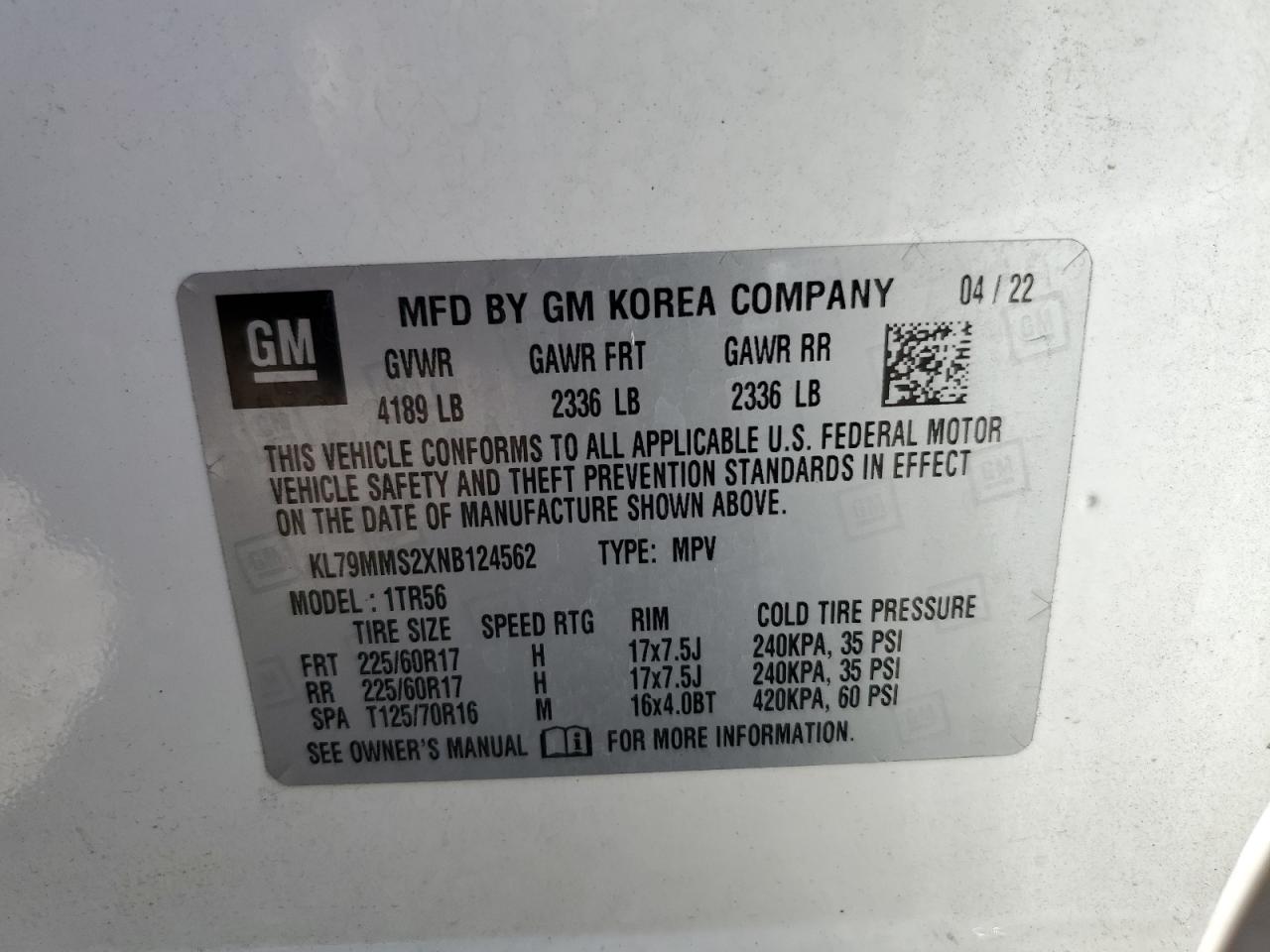 2022 Chevrolet TrailBlazer VIN KL79MMS2XNB124562 Copart auction photo, front end / rear end damage thumbnail 14