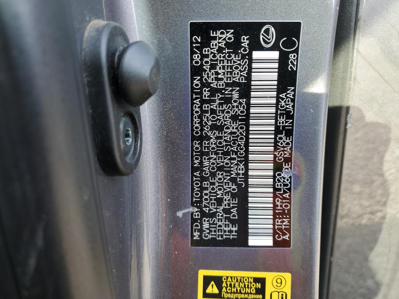 2013 Lexus ES VIN JTHBK1GG4D2011054 Copart auction photo, front end damage thumbnail 12