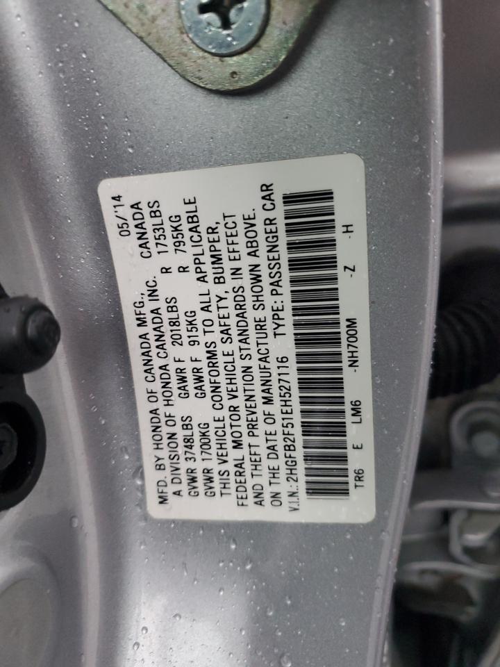 2014 Honda Civic VIN 2HGFB2F51EH527116 Copart auction photo, front end / minor dent/scratches damage thumbnail 12