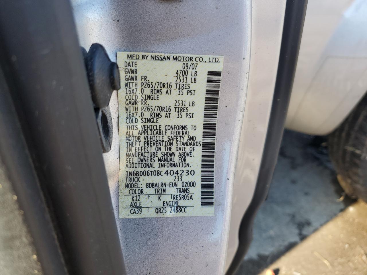2008 Nissan Navara (Frontier) VIN 1N6BD06T08C404230 Copart auction photo, all over damage thumbnail 14