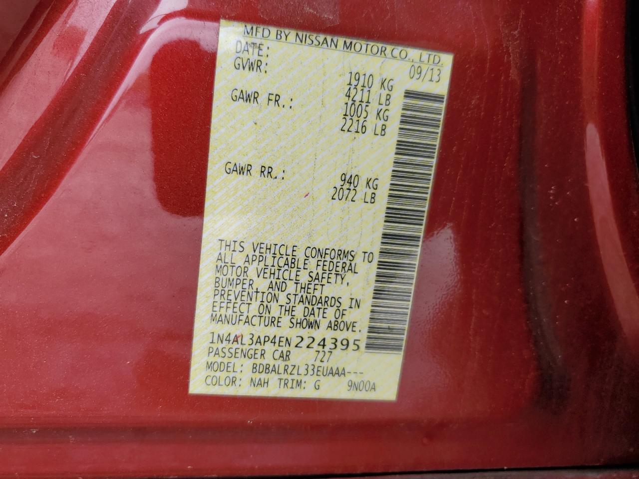 2014 Nissan Altima VIN 1N4AL3AP4EN224395 Copart auction photo, front end damage thumbnail 14