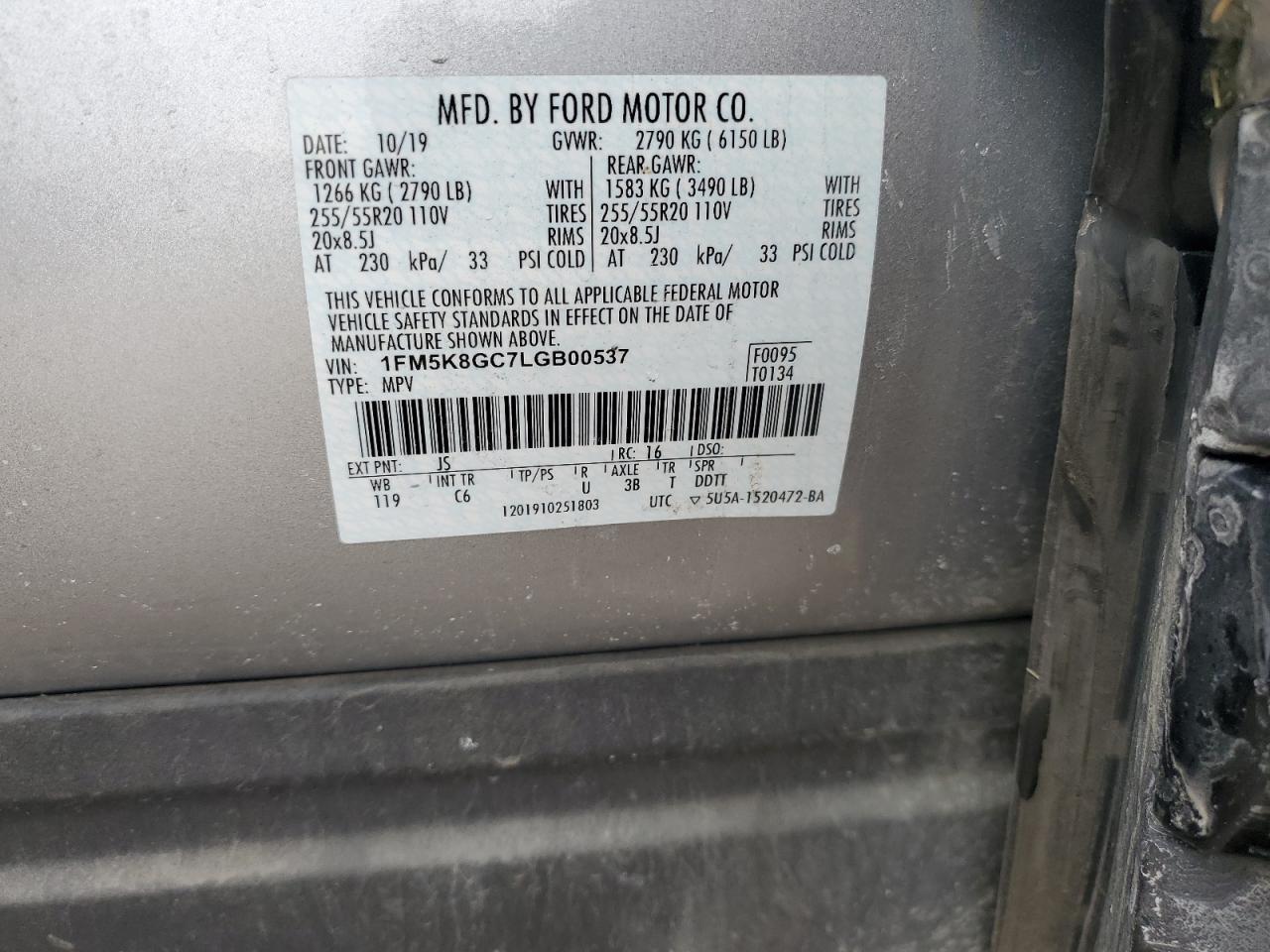 2020 Ford Explorer VIN 1FM5K8GC7LGB00537 Copart auction photo, rollover / top/roof damage thumbnail 14