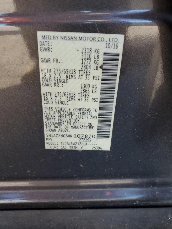 2017 Nissan Murano VIN 5N1AZ2MG6HN107870 Copart auction photo, front end damage thumbnail 15
