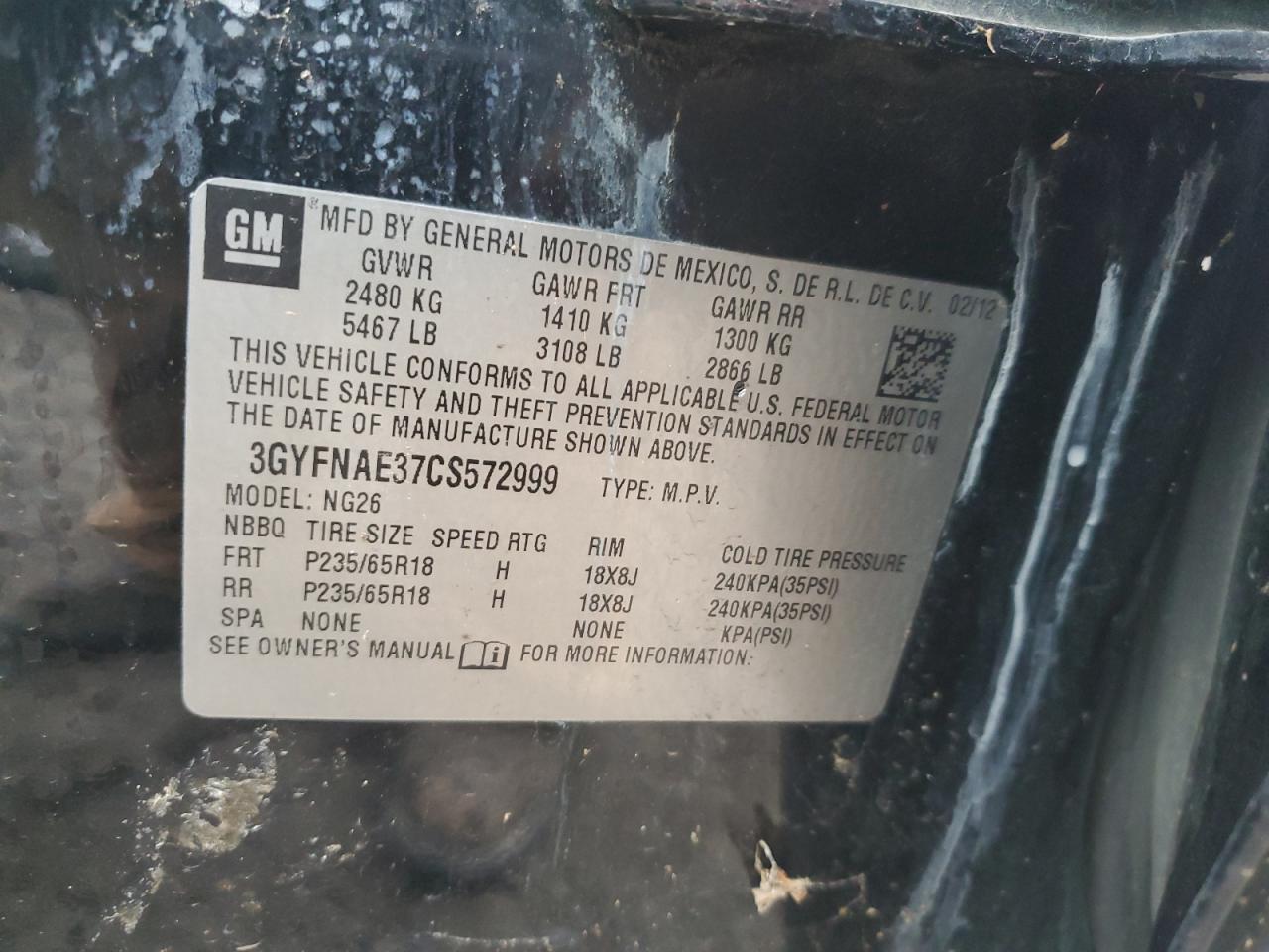 2012 Cadillac SRX VIN 3GYFNAE37CS572999 Copart auction photo, top/roof damage thumbnail 12
