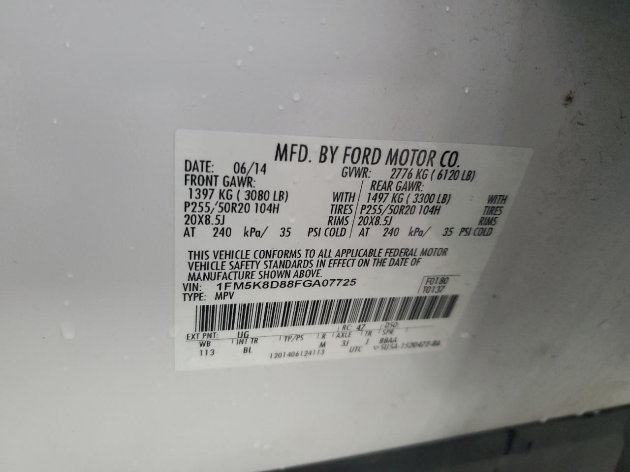 2015 Ford Explorer VIN 1FM5K8D88FGA07725 Copart auction photo, rear end damage thumbnail 13