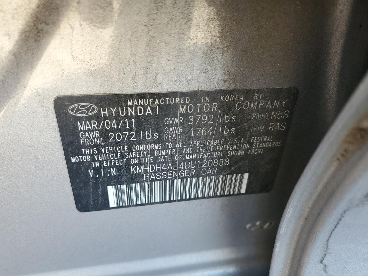 2011 Hyundai Elantra VIN KMHDH4AE4BU120838 Copart auction photo, side / rear end damage thumbnail 12