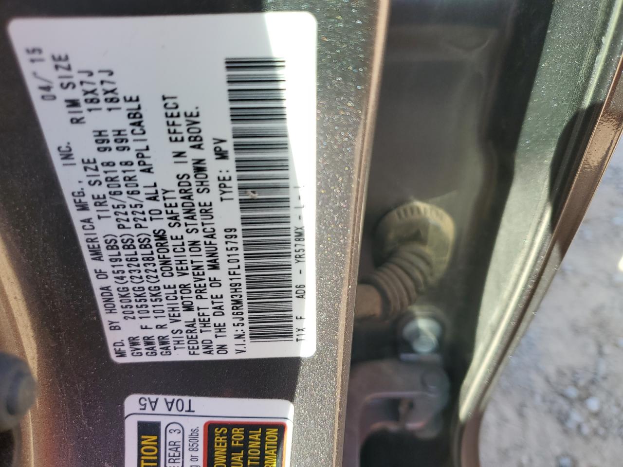 2015 Honda CR-V VIN 5J6RM3H91FL015799 Copart auction photo, mechanical / front end damage thumbnail 13