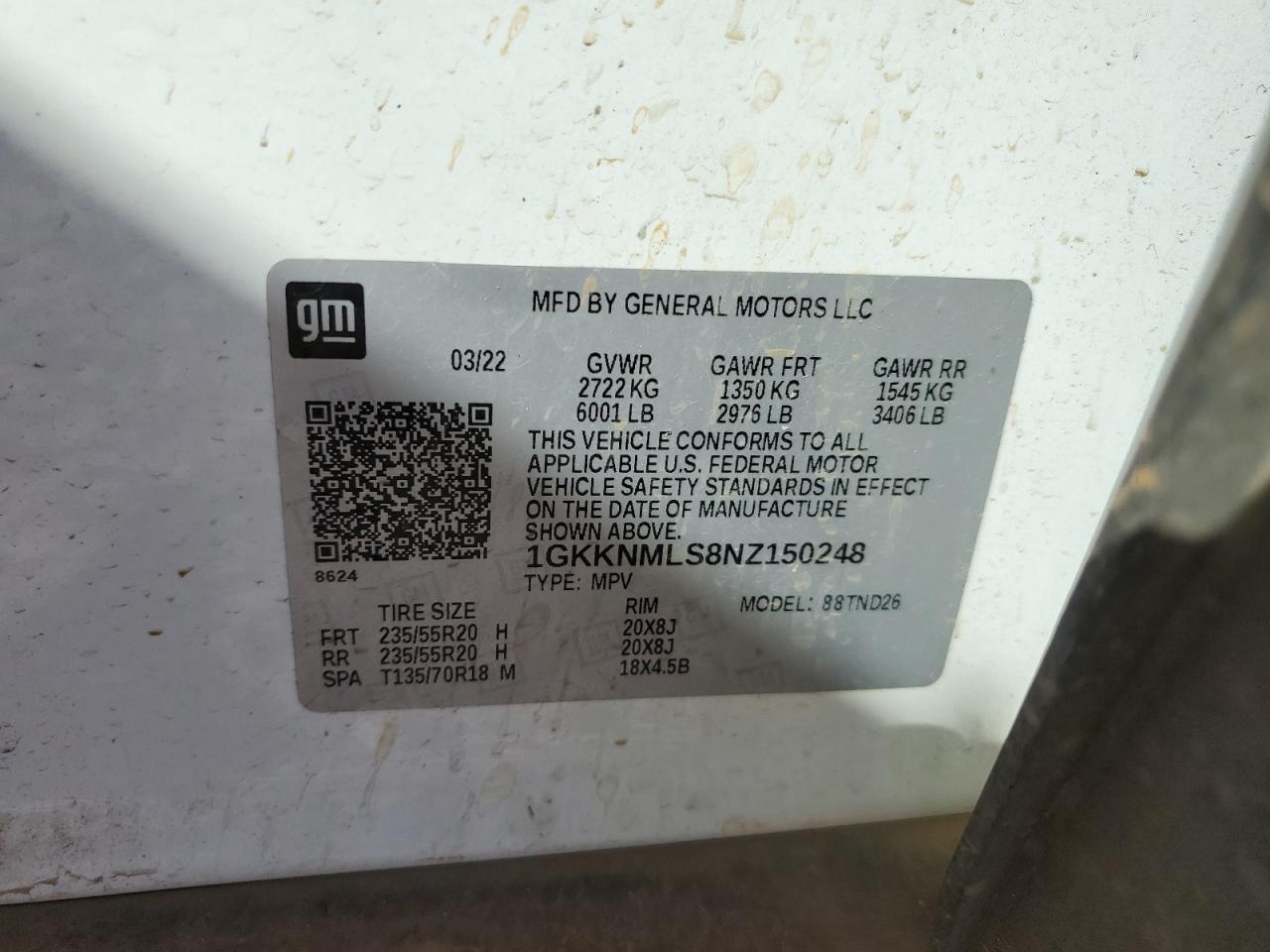 2022 GMC Acadia VIN 1GKKNMLS8NZ150248 Copart auction photo, front end / top/roof damage thumbnail 13