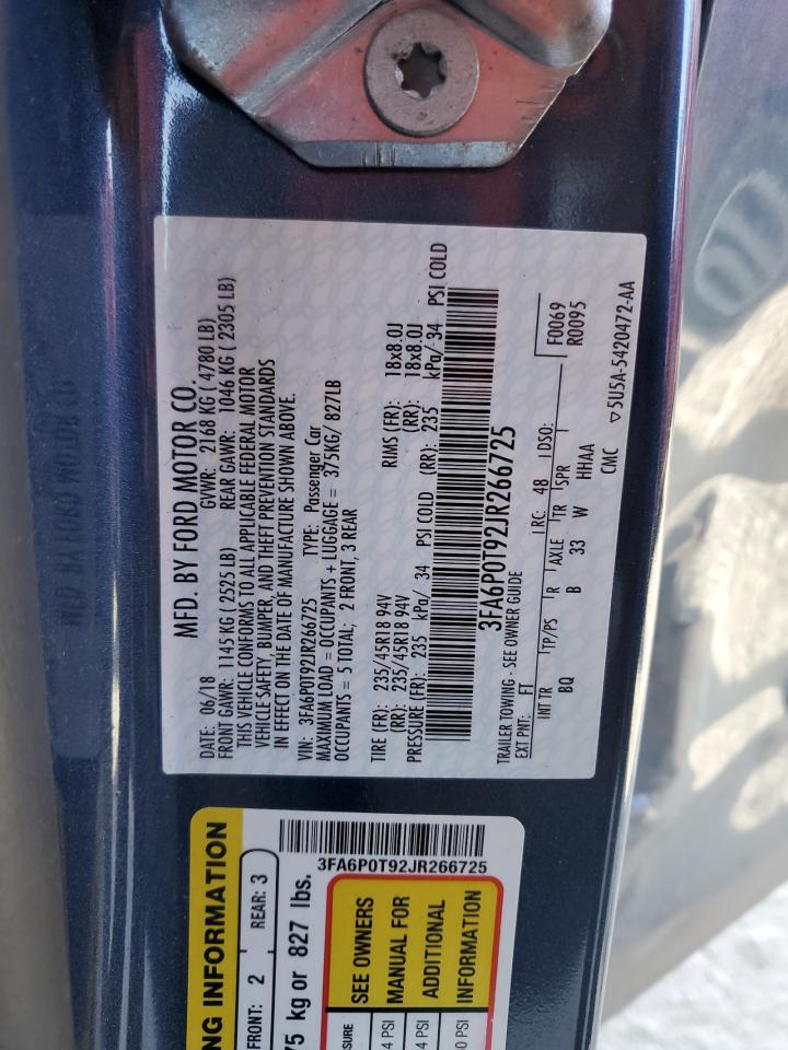 2018 Ford Fusion VIN 3FA6P0T92JR266725 Copart auction photo, front end / side damage thumbnail 12