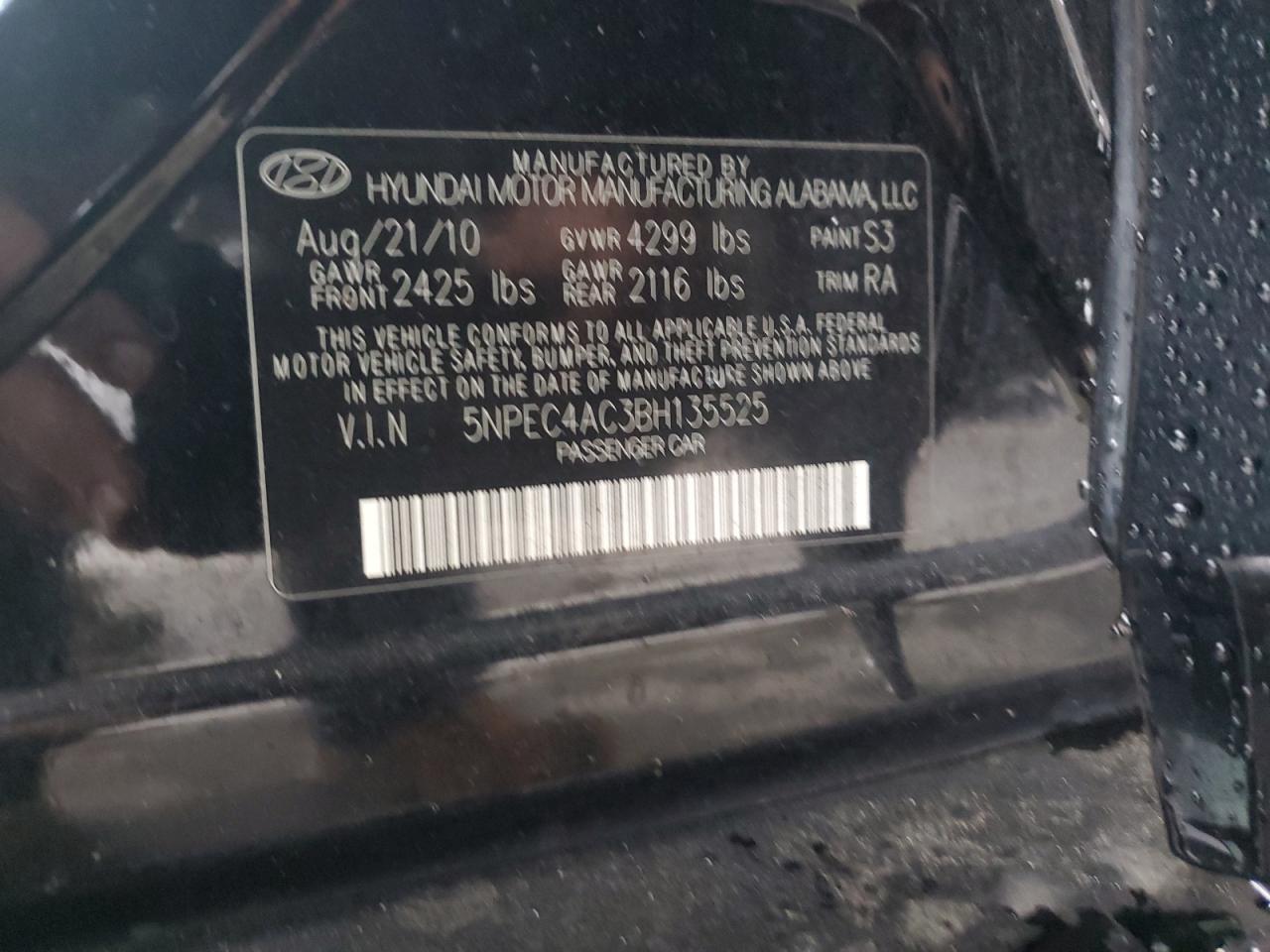 2011 Hyundai Sonata VIN 5NPEC4AC3BH135525 Copart auction photo, all over damage thumbnail 14