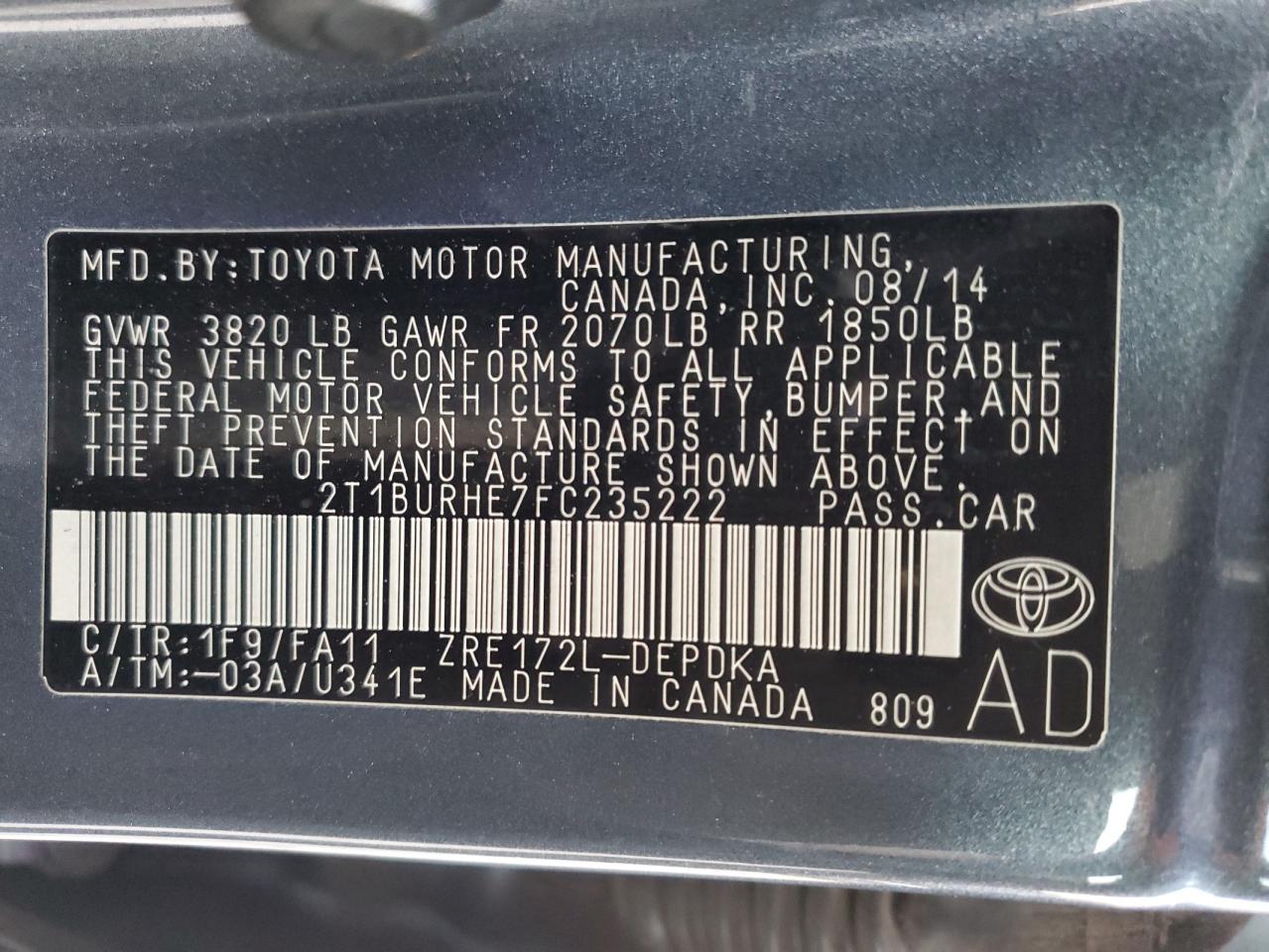 2015 Toyota Corolla VIN 2T1BURHE7FC235222 Copart auction photo, side damage thumbnail 14