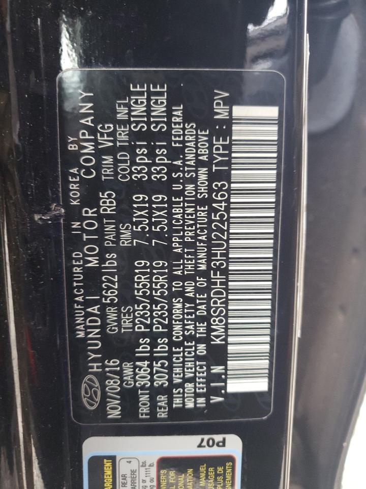 2017 Hyundai Santa Fe VIN KM8SRDHF3HU225463 Copart auction photo, vandalism / mechanical damage thumbnail 13