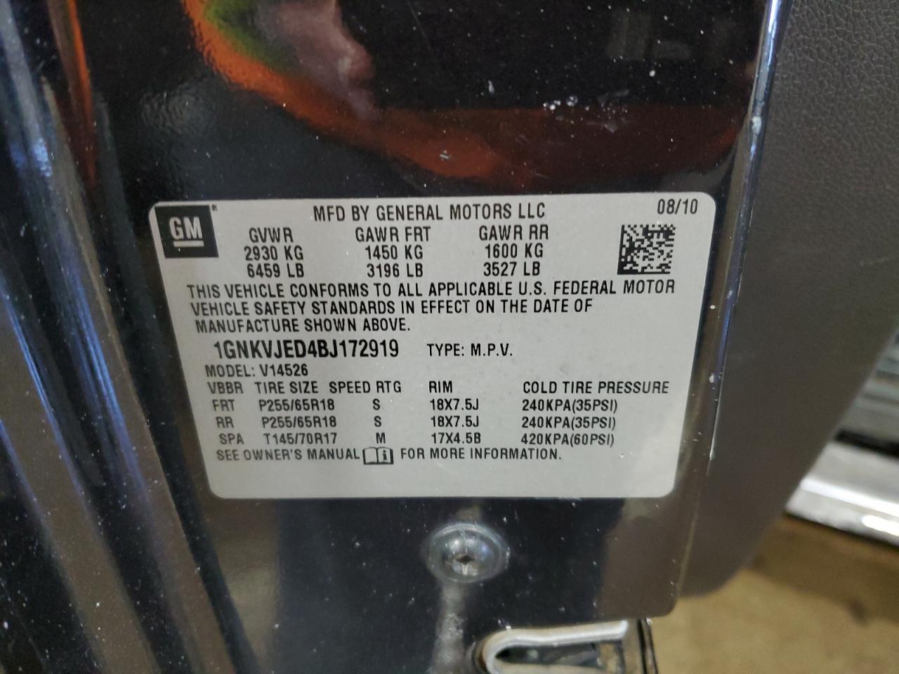 2011 Chevrolet Traverse VIN 1GNKVJED4BJ172919 Copart auction photo, rear end damage thumbnail 14