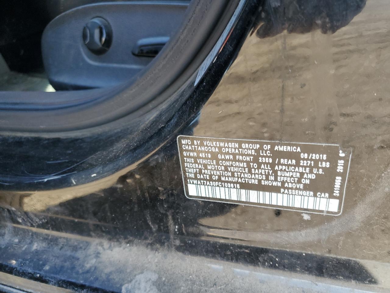 2015 Volkswagen Passat VIN 1VWAT7A30FC103615 Copart auction photo, rear end / hail damage thumbnail 12