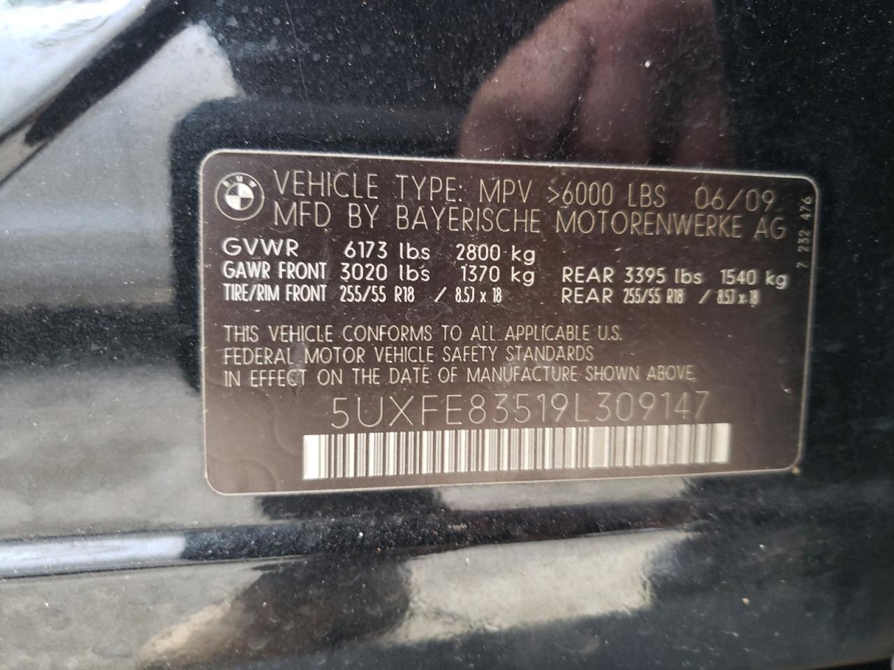 2009 BMW X5 VIN 5UXFE83519L309147 Copart auction photo, front end / side damage thumbnail 13