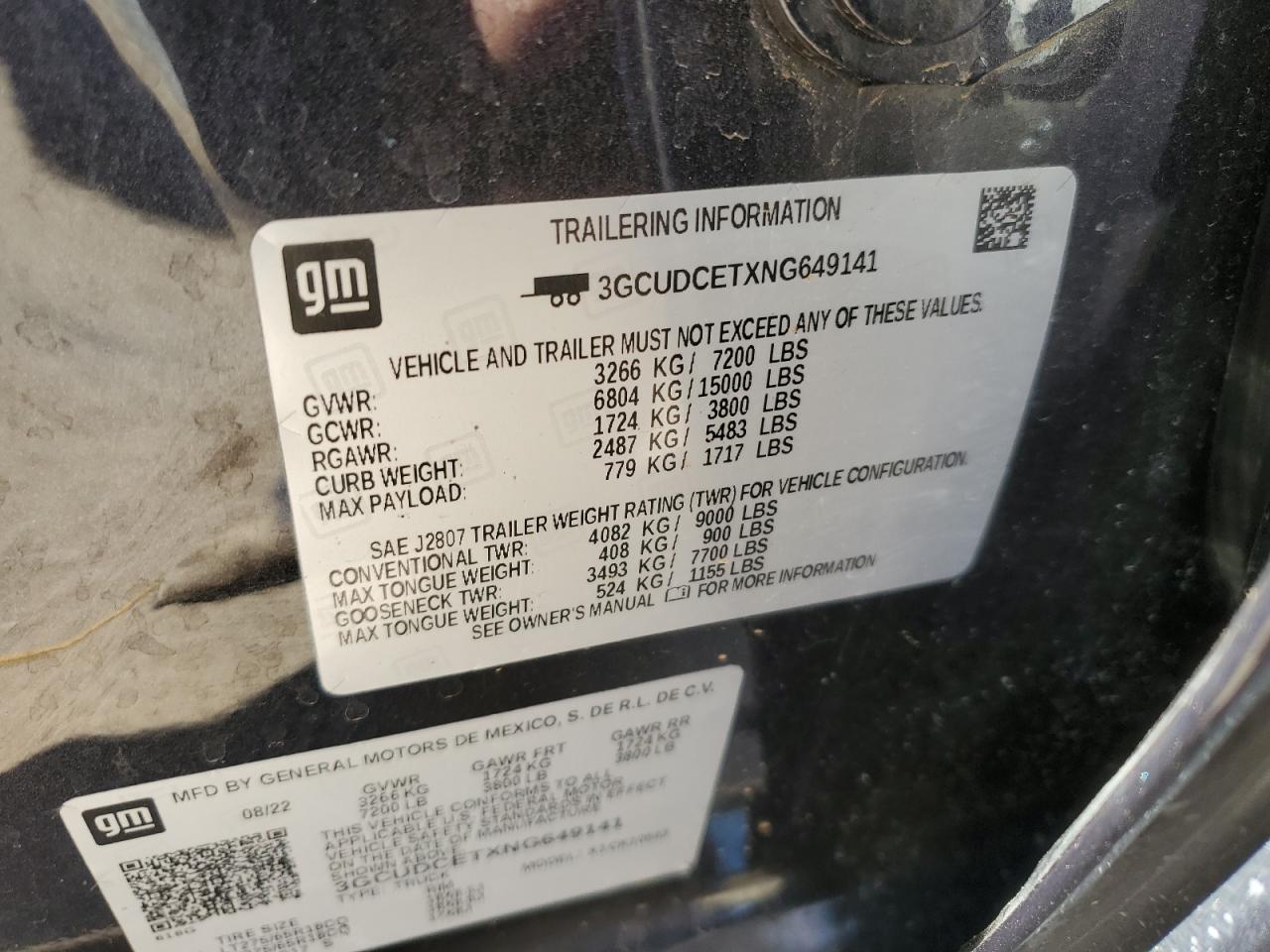 2022 Chevrolet Silverado VIN 3GCUDCETXNG649141 Copart auction photo, front end / rear end damage thumbnail 15